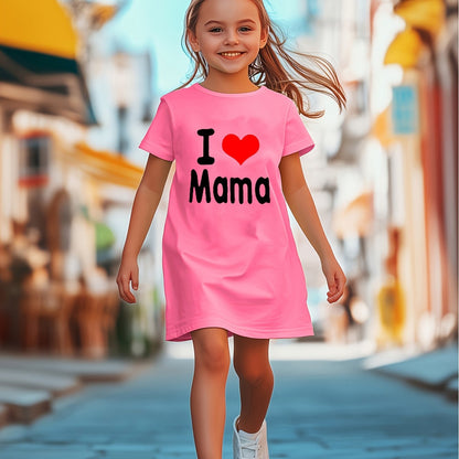 Mother'S Day Gift | "I Love Mama" Red Heart Print Short Sleeve Dress - Casual, Breathable, and Comfortable Polyester Knit, Perfect for Spring/Summer, Mother'S Day Dress | Love Heart Pattern | Comfortable Fit, Mothers Day Dres