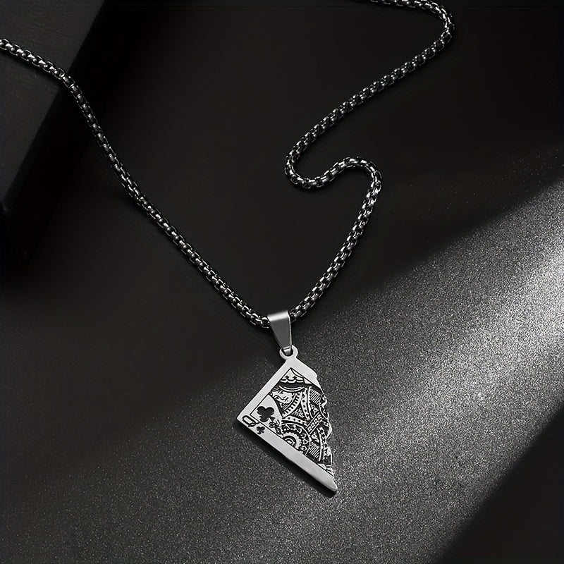1pc Stainless Steel Half-Heart Playing Card Pendant Necklace - Punk Gothic Style Intricate Spade & Heart Design Durable Unisex Jewelry Gift for Men Women, Heart Pendant Necklace, Statement Accessory, Polished Metallic Finish