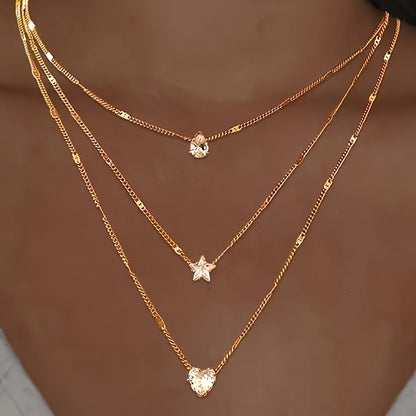 Elegant Multi-Layer Necklace Set for Women, Heart, Star & Teardrop Pendants, Rhinestone Embellished, Iron Chain, Versatile for Daily & Party Wear, All-Season Accessory