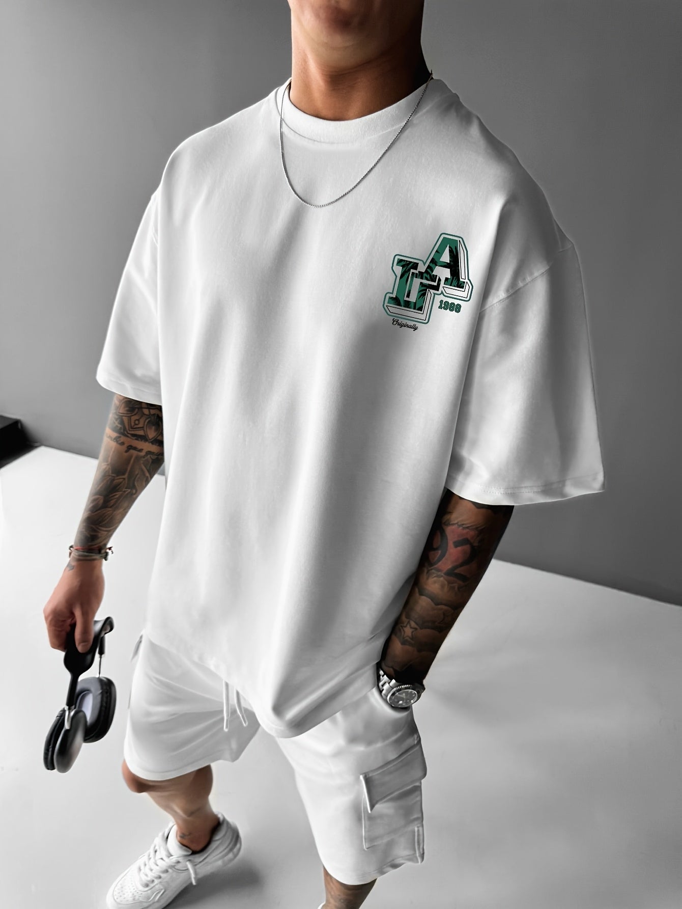 Men'S Casual Y2K LA Graphic T-Shirt - Bold Oversized "LA" Letter Print, Comfortable & Breathable with Slight Stretch, Perfect for Home & Outdoor Activities, Spring/Summer Fashion, Machine Washable, Loose Fit Short Sleeve Crew