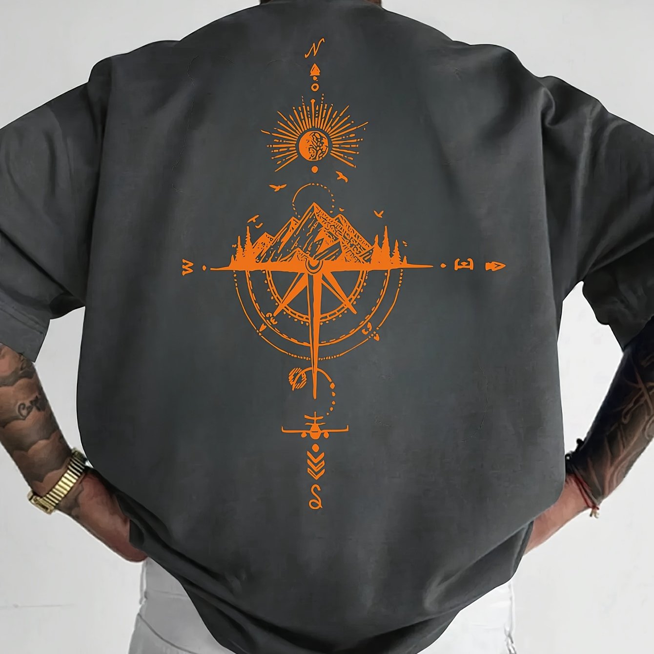 Men's Short Sleeve T-Shirt 100% Polyester Loose Fit Casual Round Neck Navy Blue with Golden Compass Rose Mountain Print - Summer Outdoor Adventure Graphic Tee, Modern Casual Top | Easy Care Clothing