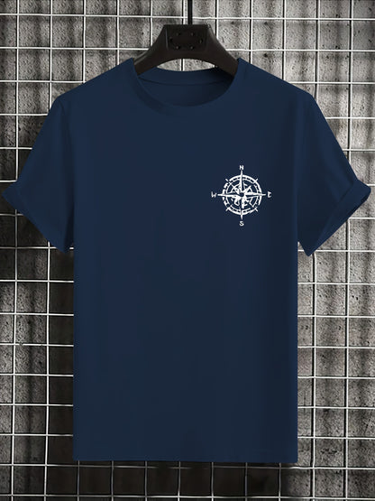 Men'S Summer Short Sleeve T-Shirt with Bold Eagle & Compass Print - Light Blue Casual Round Neck Tee, Comfortable Stretch Fabric for Casual Attire, Everyday Tshirt | Bold Graphic Tee | Comfortable Fit