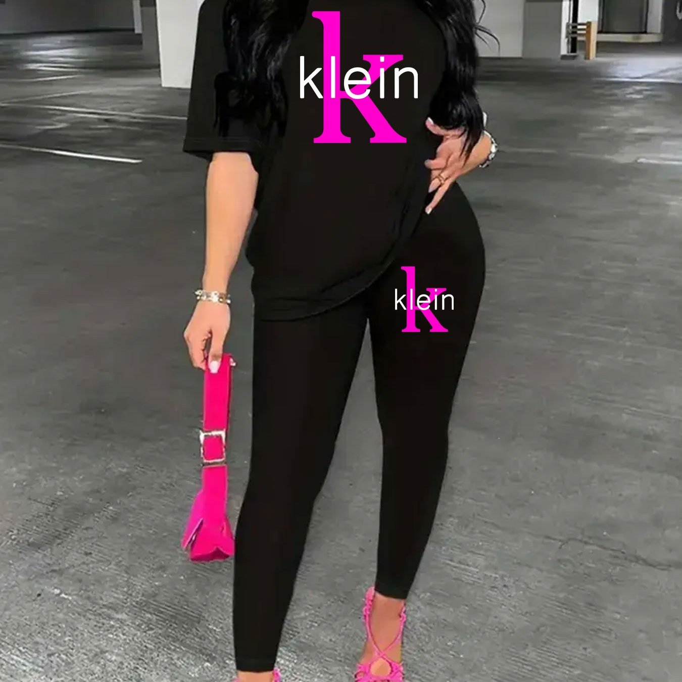 Women'S "Klein" Print Short Sleeve T-Shirt & Black Pants Two-Piece Set - Casual, Stretchy Fabric, Pink & Black Design, Spring/Summer Casual Wear, Casual Attire|Graphic Tee|Stretchy