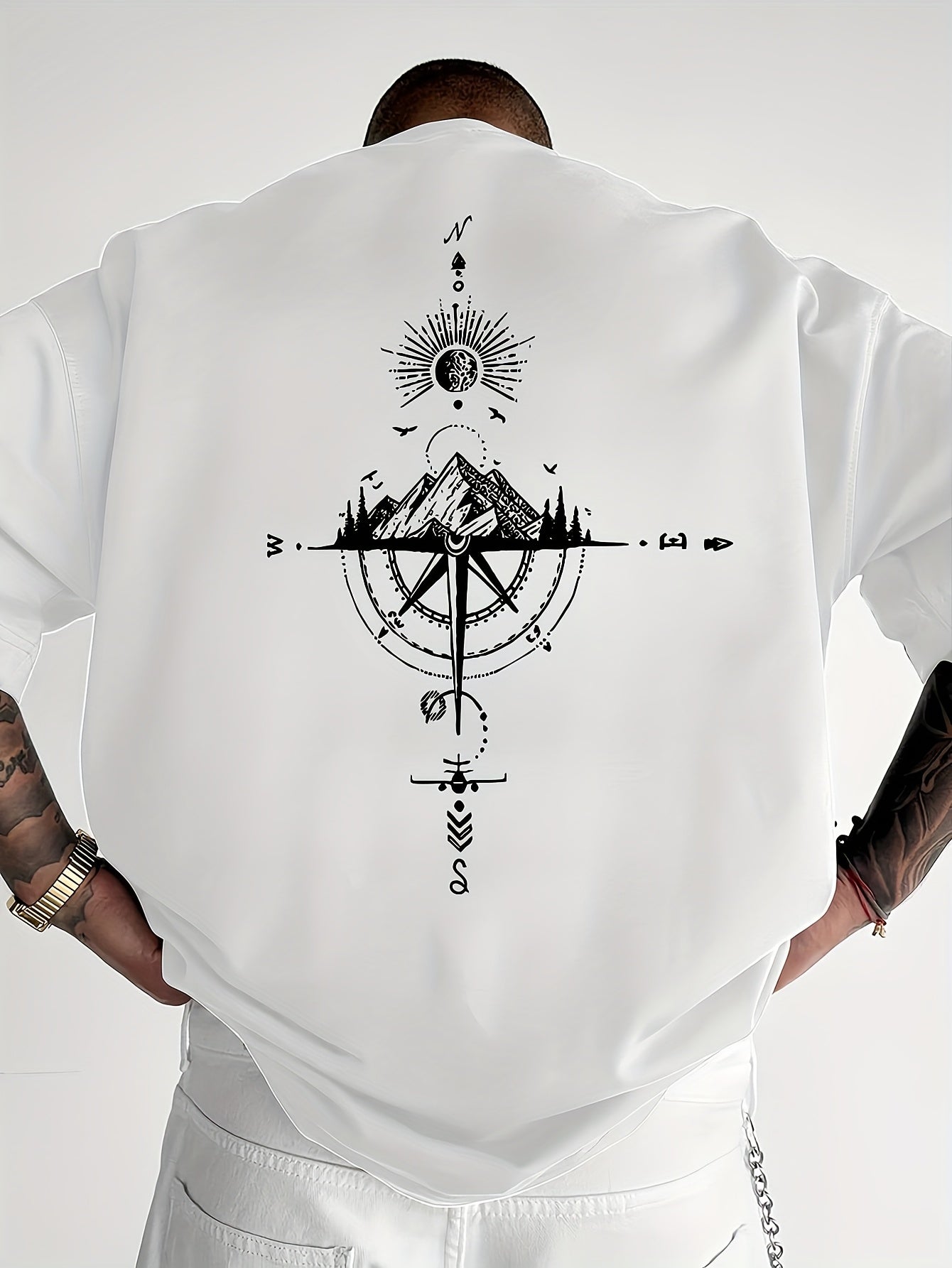 Men's Short Sleeve T-Shirt 100% Polyester Loose Fit Casual Round Neck Navy Blue with Golden Compass Rose Mountain Print - Summer Outdoor Adventure Graphic Tee, Modern Casual Top | Easy Care Clothing