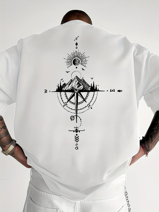 Men's Short Sleeve T-Shirt 100% Polyester Loose Fit Casual Round Neck Navy Blue with Golden Compass Rose Mountain Print - Summer Outdoor Adventure Graphic Tee, Modern Casual Top | Easy Care Clothing