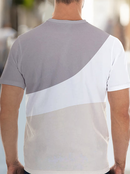 Men'S 3D Print Short Sleeve Set - Casual Athletic Beachwear with "Just & Vibes" Graphic, Beige & Gray, Drawstring Waist, Perfect for Outdoor Activities, Beach Outfit|Casual Style|Stretchy Fabric
