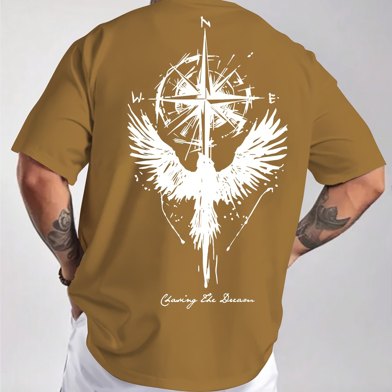 Men'S Summer Short Sleeve T-Shirt with Bold Eagle & Compass Print - Light Blue Casual Round Neck Tee, Comfortable Stretch Fabric for Casual Attire, Everyday Tshirt | Bold Graphic Tee | Comfortable Fit