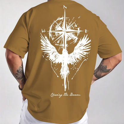 Men'S Summer Short Sleeve T-Shirt with Bold Eagle & Compass Print - Light Blue Casual Round Neck Tee, Comfortable Stretch Fabric for Casual Attire, Everyday Tshirt | Bold Graphic Tee | Comfortable Fit