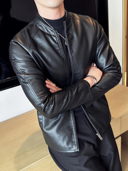 Men's Slim-Fit High Quality Windproof PU Leather Motorcycle Jacket - Vintage Bomber Style with Stand Collar, Ribbed Cuffs & Adjustable Drawstring, Softshell Casual Biker Outerwear, Casual Outerwear | Vintage Bomber Jacket | D