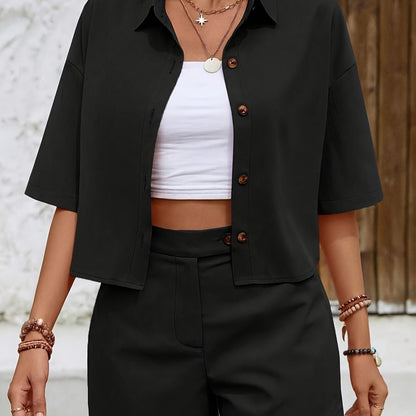 Stylish Versatile Short Sleeve Shirt + High-Waist Shorts Set 009