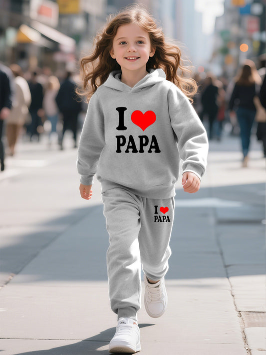 Fashionable Autumn And Winter Casual Sports Style for And "I Love Dad" Cartoon Popular Print Pattern Long-Sleeved Plus Velvet Warm Hooded Sweatshirt + Sweatpants Two-Piece Set, for Outdoor