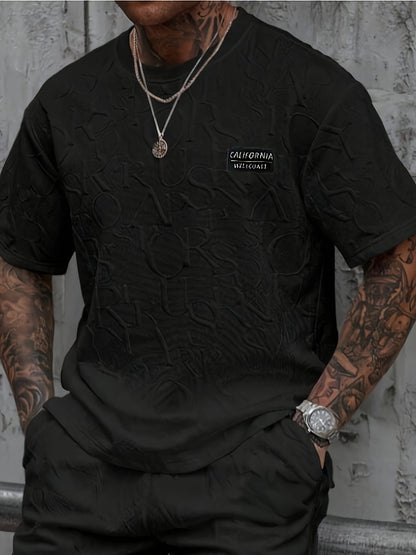Men's Summer Casual Short Sleeve T-Shirt - Relaxed Fit Round Neck with Vertical Letter Print & Elastic Cuffs, Breathable Fabric for Daily Wear, Commuting & Outdoor Activities, Shirts for Summer