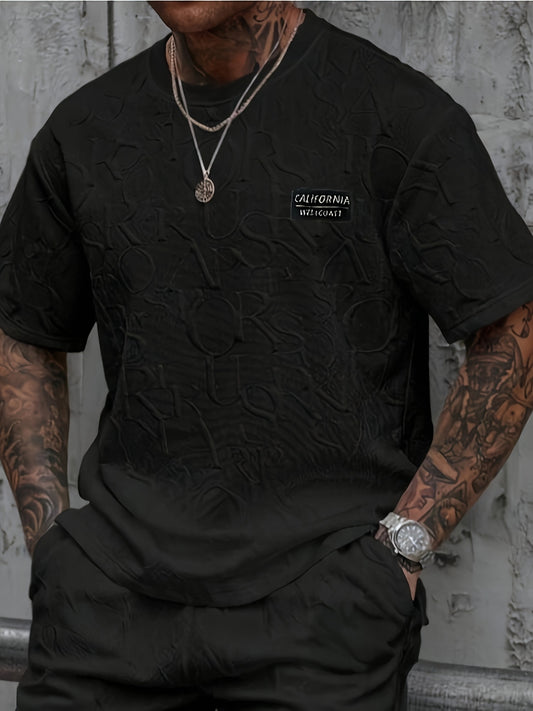 Men's Summer Casual Short Sleeve T-Shirt - Relaxed Fit Round Neck with Vertical Letter Print & Elastic Cuffs, Breathable Fabric for Daily Wear, Commuting & Outdoor Activities, Shirts for Summer