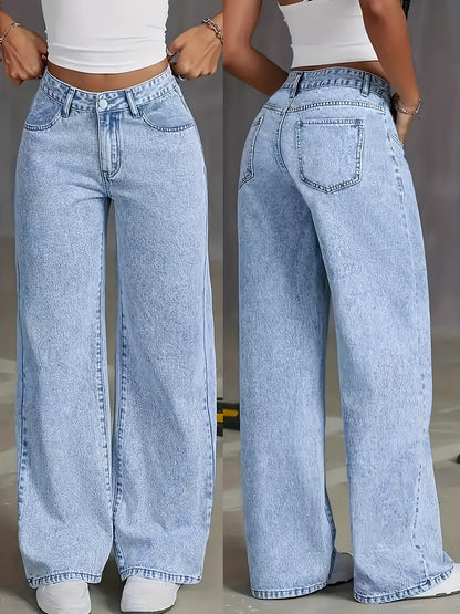 Women's 2025 new stretch loose wide leg straight jeans. acid wash light blue tummy control casual pants with pockets, high waisted comfort solid color pantalones, elegant ladies' clothing, denim trousers fit for travel, work