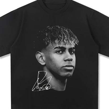 2025 New Yamal American Retro Crew Neck T-Shirt for Men & Women - Black Geometric Graphic Print Short Sleeve Tee, All-Season Casual Streetwear, Machine Washable Regular Fit