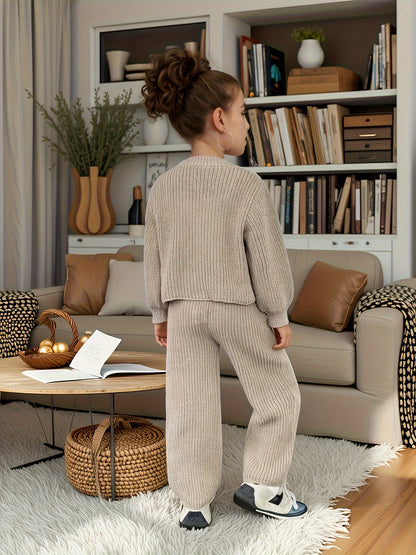 Girls' Spring/Autumn New Fashionable Long-Sleeve Knit Cardigan and Pants Two-Piece Set, Perfect for Outdoor