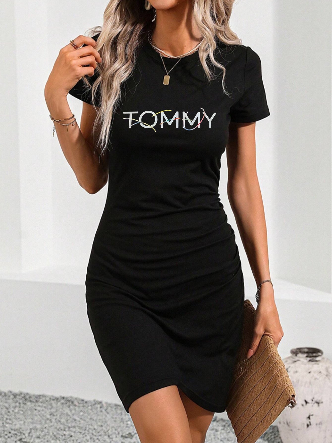 Women'S Bodycon Mini Dress with "TOMMY" Print - Stretchy, Breathable Fabric, Round Neck, Short Sleeve, Perfect for Parties & Casual Attire, Black, Party Attire | Round Neckline | Stretchy Fabric