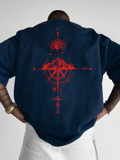 Men's Short Sleeve T-Shirt 100% Polyester Loose Fit Casual Round Neck Navy Blue with Golden Compass Rose Mountain Print - Summer Outdoor Adventure Graphic Tee, Modern Casual Top | Easy Care Clothing