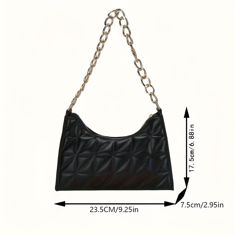 Women's Lightweight Shoulder Bag - Glossy Black Handbag with Golden Chain Strap, Zip Closure, Elegant Everyday & Formal Purse for Women, Parties, Travel, Office - Luxury Chain Strap & Zipper Closure, Party Accessory, Modern S
