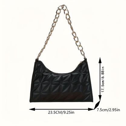 Women's Lightweight Shoulder Bag - Glossy Black Handbag with Golden Chain Strap, Zip Closure, Elegant Everyday & Formal Purse for Women, Parties, Travel, Office - Luxury Chain Strap & Zipper Closure, Party Accessory, Modern S