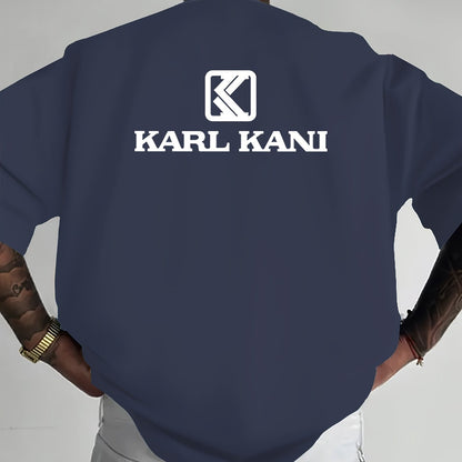 Men'S Casual Crew Neck T-Shirt with "KARL KANI" Graphic - Breathable, Moisture-Wicking, Short Sleeve, Regular Fit, Geometric Pattern, Ideal for Home & Outdoor Activities, All-Season Comfort, Outdoor Clothing | Relaxed Fit Shi