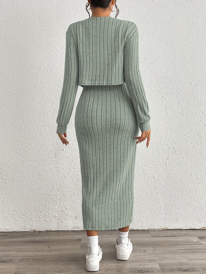 Simple y Fleece Two-Piece Dress and Jacket Set