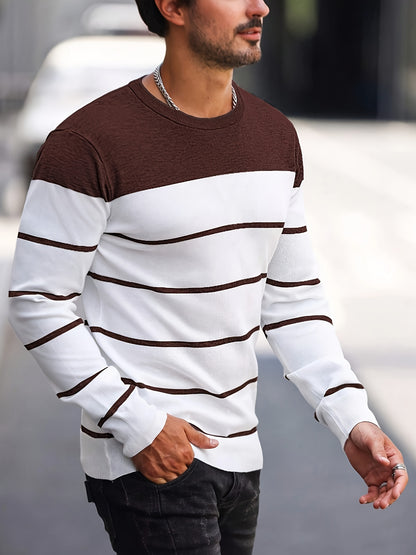 Men's Casual Striped Knit Pullover Sweater - Navy & White Contrast, Regular Fit H-Silhouette, Long Sleeve Crew Neck, Medium Stretch, Machine Washable for Spring & Fall, Mediumstretch Fabric