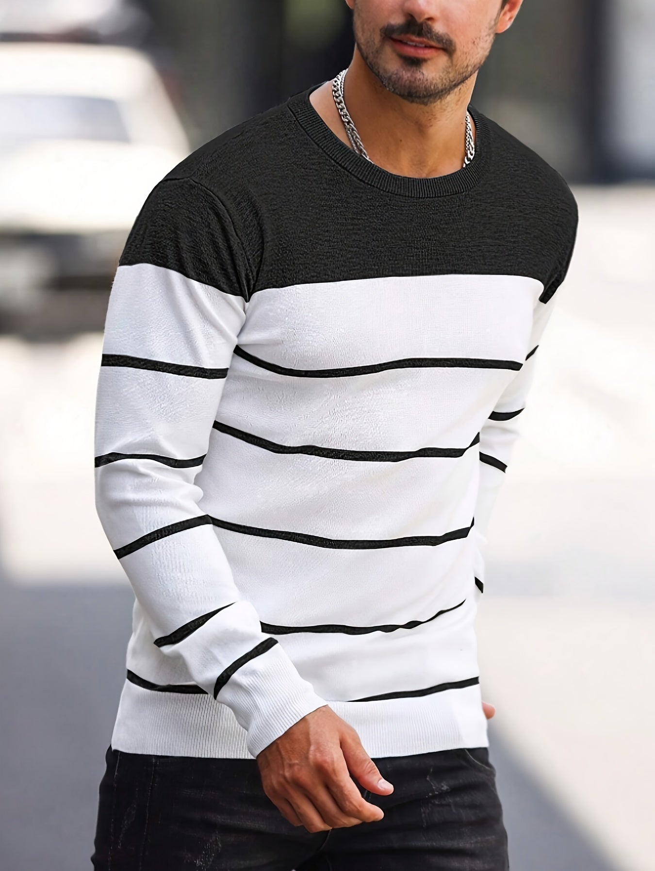 Men's Casual Striped Knit Pullover Sweater - Navy & White Contrast, Regular Fit H-Silhouette, Long Sleeve Crew Neck, Medium Stretch, Machine Washable for Spring & Fall, Mediumstretch Fabric