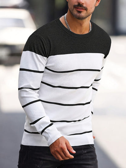 Men's Casual Striped Knit Pullover Sweater - Navy & White Contrast, Regular Fit H-Silhouette, Long Sleeve Crew Neck, Medium Stretch, Machine Washable for Spring & Fall, Mediumstretch Fabric