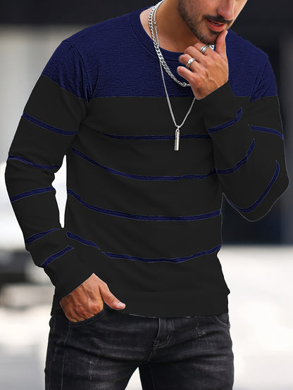 Men's Casual Striped Knit Pullover Sweater - Navy & White Contrast, Regular Fit H-Silhouette, Long Sleeve Crew Neck, Medium Stretch, Machine Washable for Spring & Fall, Mediumstretch Fabric