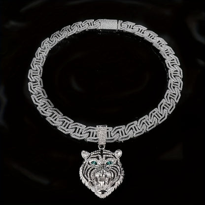 1pc Domineering Green Eyed Tiger Head Shaped Pendant, Paired with a 50.8 cm Rhinestone Cuban Necklace, Suitable for Daily Wear And Gift Giving for Men And Women