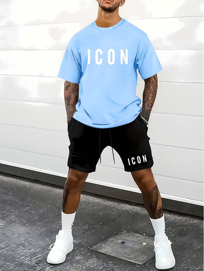 Men'S Casual Sporty Outdoor Two-Piece Set - Summer T-Shirt & Shorts with Bold "ICON" Print, Geometric Pattern, Regular Fit, Crew Neck, Light Blue & Black, Comfortable for Casual Attire, Leisure Clothing | Bold Print Shirt | C