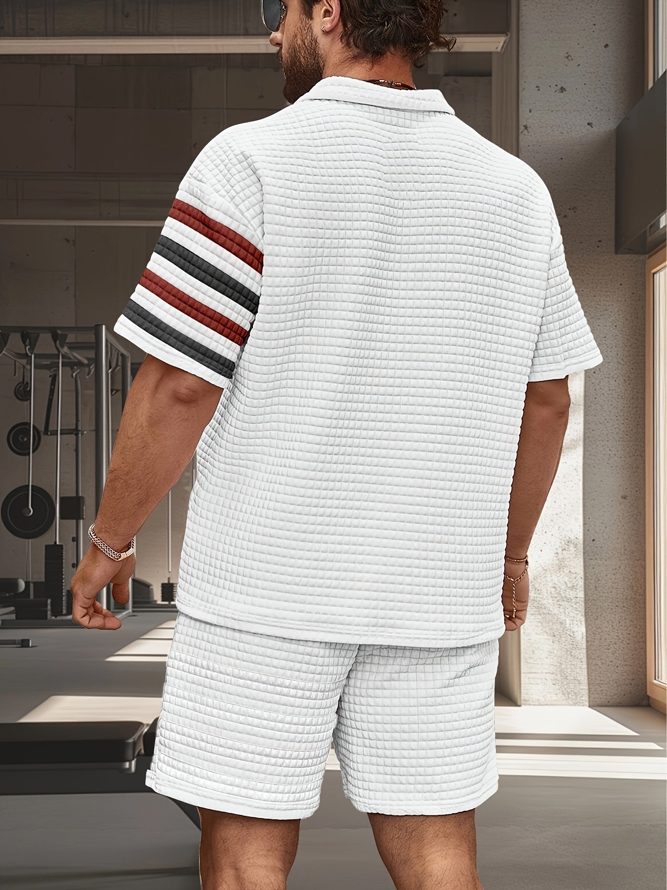 Men'S Sporty Casual Polo Shirt & Shorts Set - Quick-Dry, Breathable, Digital Red Stripe Design, Short Sleeve, Polyester Blend, Ideal for Spring/Fall Workouts, Casual Attire|Striped Shorts|Polyester Blen