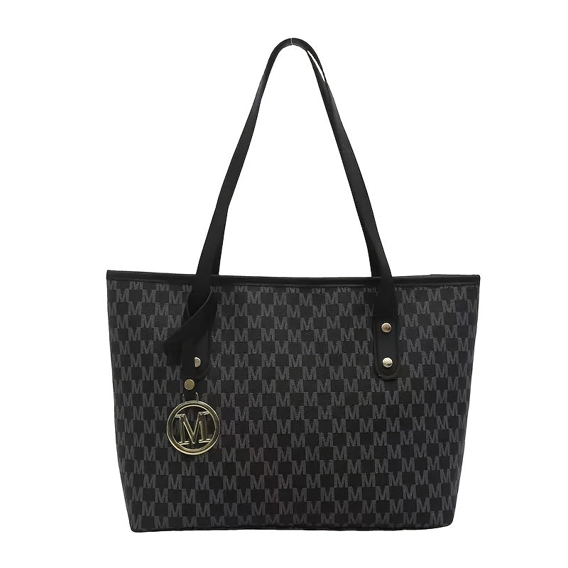 2025 Women's Designer-Inspired Large Tote Bag - Geometric Synthetic Leather Handbag with Detachable Golden Chain Strap & 'M' Monogram Accent, Lightweight Work Purse for Office, School, Shopping - Coffee Brown, Beige, Black -
