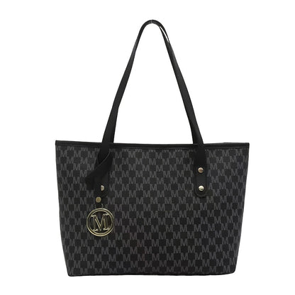 2025 Women's Designer-Inspired Large Tote Bag - Geometric Synthetic Leather Handbag with Detachable Golden Chain Strap & 'M' Monogram Accent, Lightweight Work Purse for Office, School, Shopping - Coffee Brown, Beige, Black -