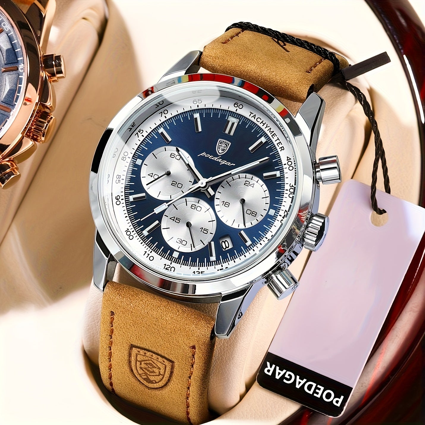POEDAGAR Men's Luxury Chronograph Watch with Luminous Dial, High Quality 30m, Quartz Movement, Date Display & Brown Faux Leather Strap - Casual & Formal Wristwatch