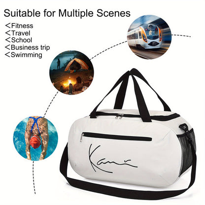 Karl Kani KK Signature Letter Print Duffel Bag, Athletic Carryall, Large Capacity Lightweight Sports Bag with Reinforced Grab Handles, Machine Washable Oxford Fabric for Yoga, Fitness Training, handbag for teenager