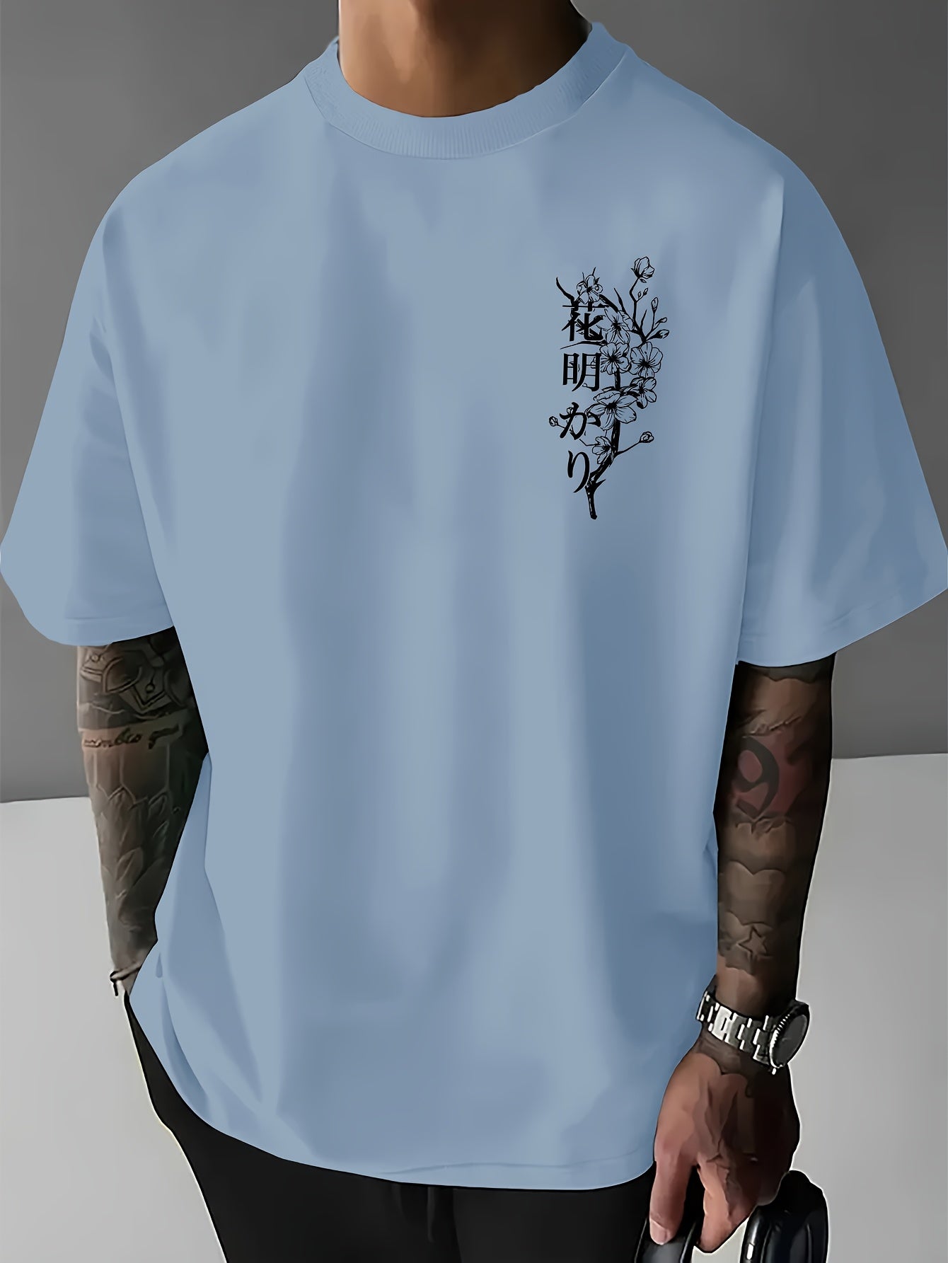 Men's Japanese Sakura Cherry Blossom & Text Print Casual T-Shirt - Black with Golden Floral Print Design, Loose Fit Round Neck, Breathable Summer Fabric, Machine Washable, Relaxed Fit Clothing, Elegant Design Shirt
