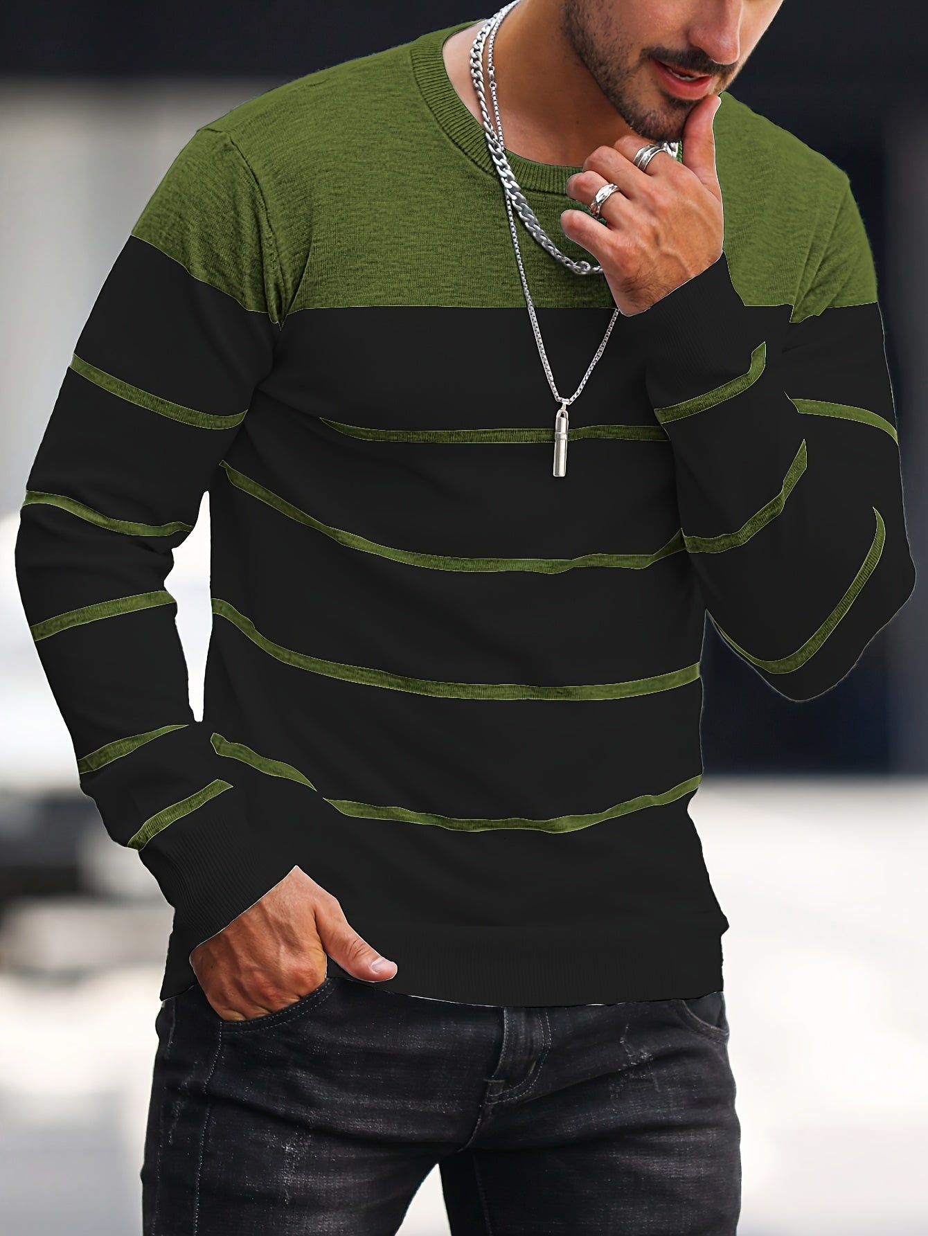 Men's Casual Striped Knit Pullover Sweater - Navy & White Contrast, Regular Fit H-Silhouette, Long Sleeve Crew Neck, Medium Stretch, Machine Washable for Spring & Fall, Mediumstretch Fabric