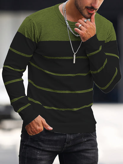 Men's Casual Striped Knit Pullover Sweater - Navy & White Contrast, Regular Fit H-Silhouette, Long Sleeve Crew Neck, Medium Stretch, Machine Washable for Spring & Fall, Mediumstretch Fabric