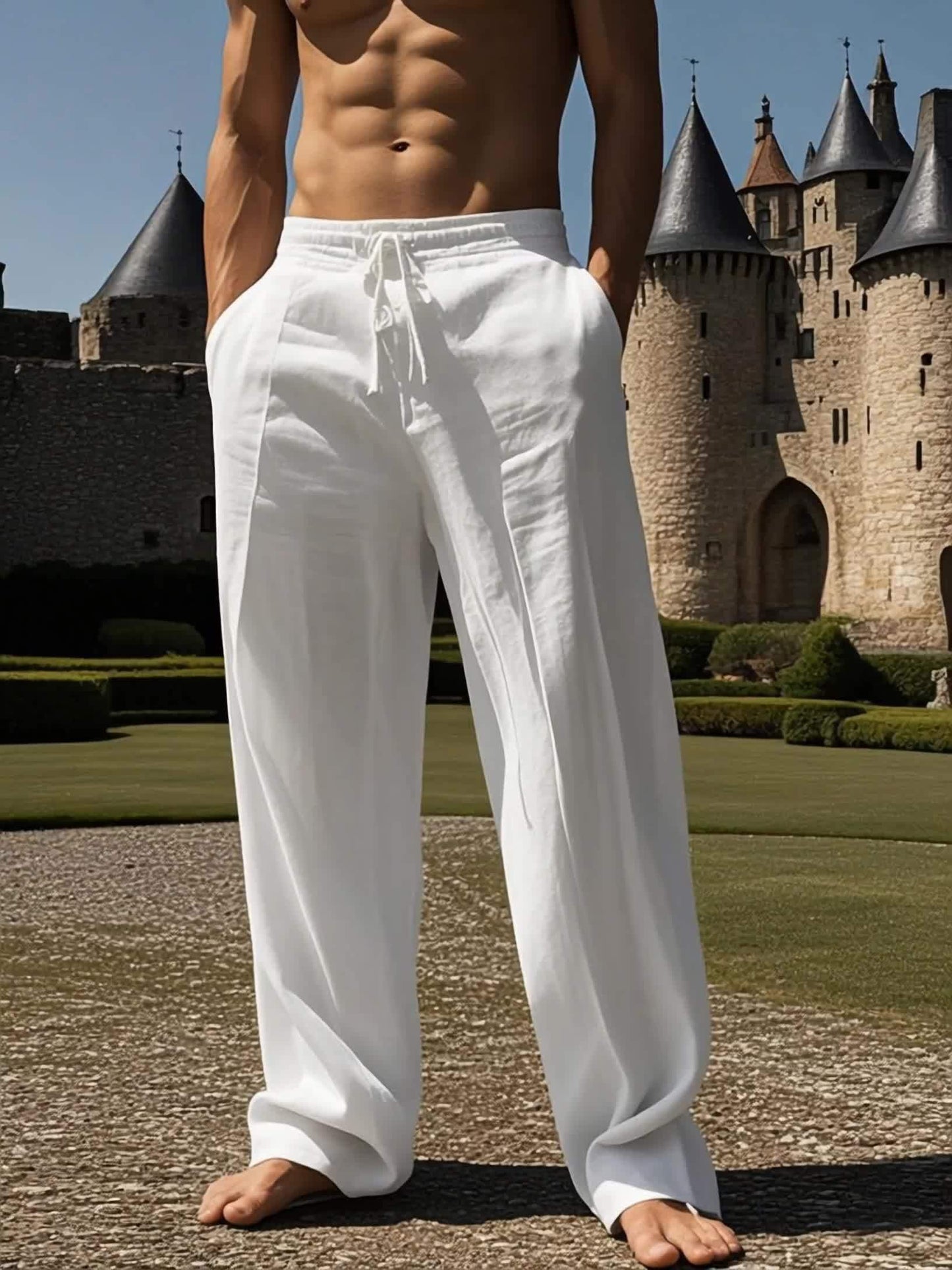Men's Lightweight Breathable Linen Pants - American Loose Fit Straight Leg Casual Trousers with Adjustable Drawstring Waist & Side Pockets, Semi-Sheer Solid Color for Beach Vacation, Summer Outings & Casual Attire, Beach Pant