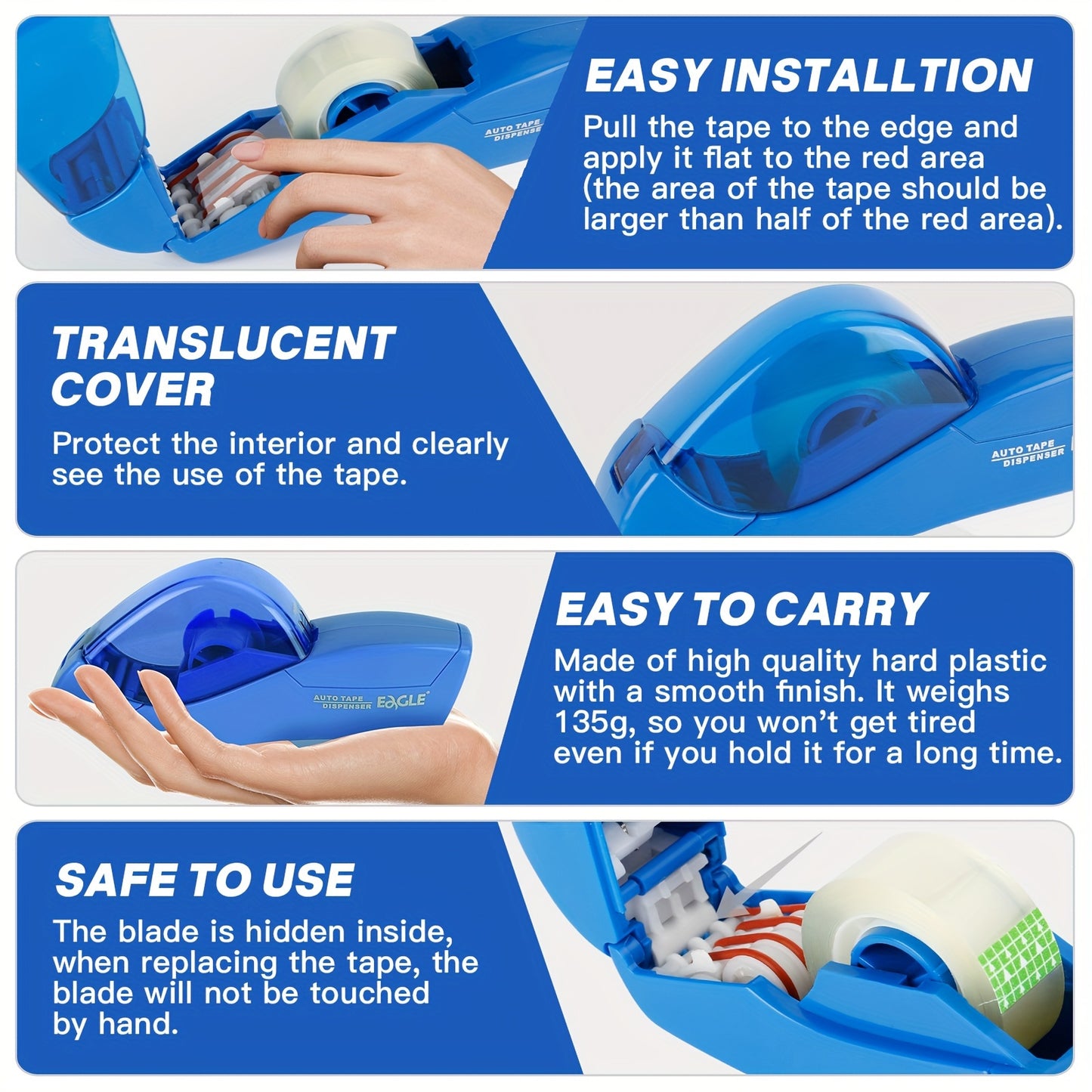 Eagle Automatic Tape Dispenser with One Roll Included, Handheld Packaging and Gift Wrapping Tape Cutter, Major Material ABS, Fits 1/2''-3/4'' Tape Width, Easy One-Handed Operation, No Batteries Required - Ideal for Scrapbooki