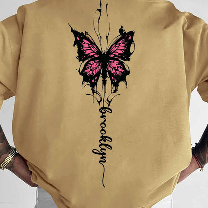 Men's Streetwear Graphic T-Shirt with Pink Butterfly & Brooklyn Letter Print - Loose Fit Casual Summer Tee, Breathable Round Neck Short Sleeve Shirt for Urban Fashion, Casual Attire, Streetstyle Tee, Relaxed Fit Top