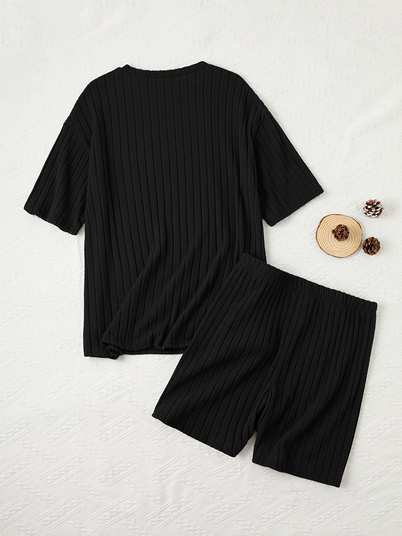 Women's Casual Lounge Set, Plus Size Solid Ribbed Short Sleeve Round Neck Top & Shorts Pajamas 2 Piece Set