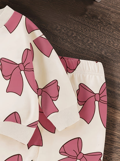 Suitable for Autumn - Girls' 0-3 Years Old - Round Neck Long Sleeve Bow Print Sweatshirt and Pants, Light Beige-Friendly Comfortable Warm Fashion Baby Outfit 2pcs Set Perfect for Parties and Outdoor Occasions, for Outdoor