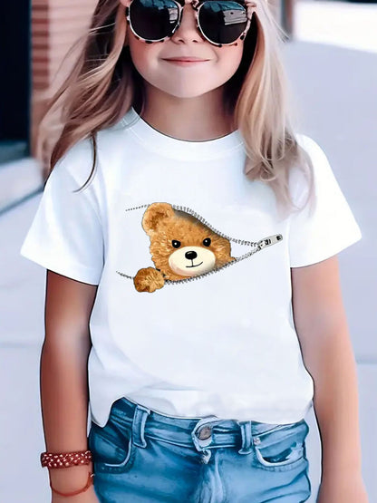 Girls' White Short Sleeve T-Shirt with Neon Green Cartoon Bear Zipper Pocket Design - Cute Streetwear Top for Spring Summer Fall, Soft Knit Round Neck Casual Playwear, Shirts for Girls, Playful Outfit, Comfortable Fit, Durabl