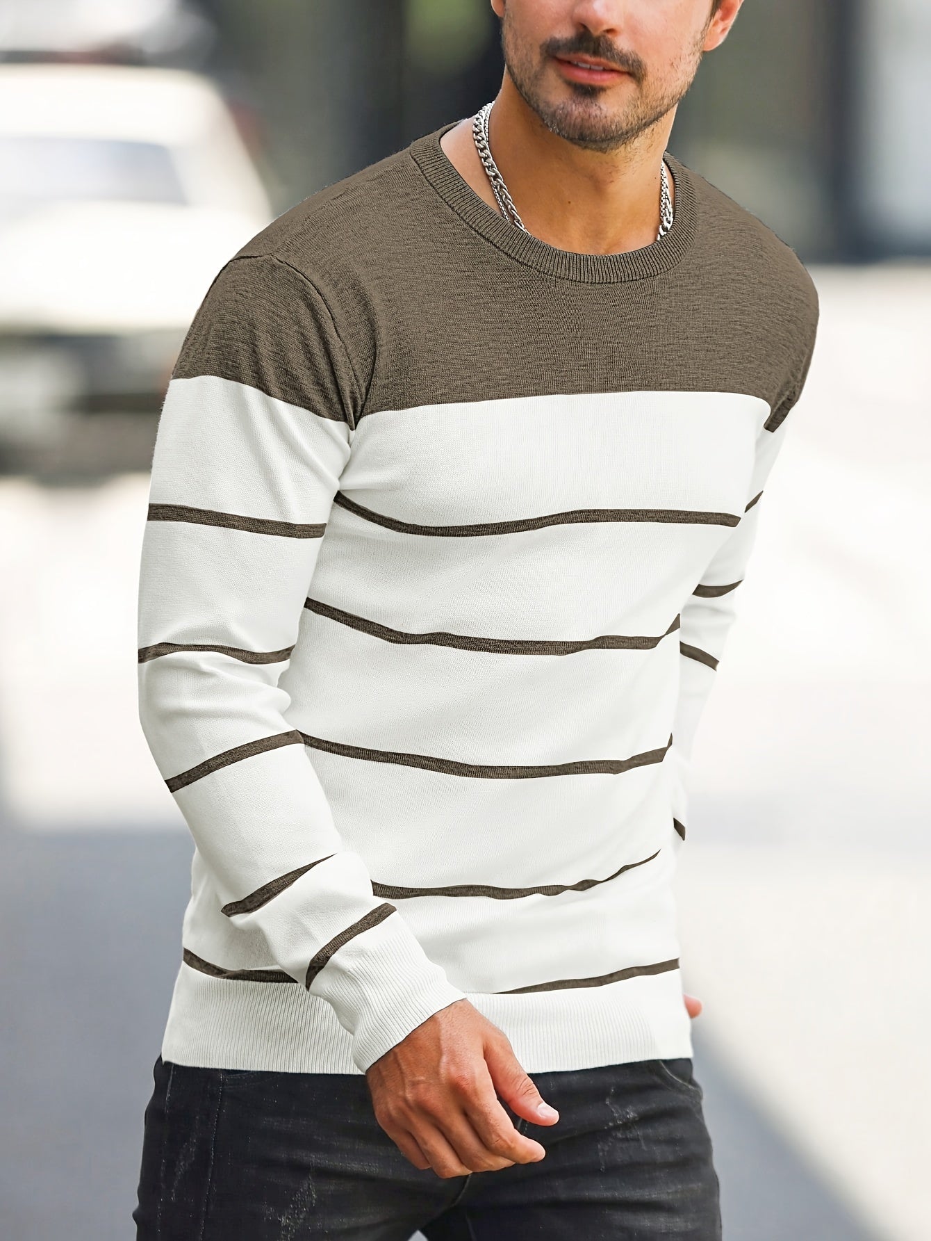 Men's Casual Striped Knit Pullover Sweater - Navy & White Contrast, Regular Fit H-Silhouette, Long Sleeve Crew Neck, Medium Stretch, Machine Washable for Spring & Fall, Mediumstretch Fabric
