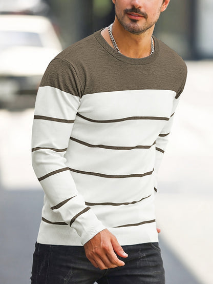Men's Casual Striped Knit Pullover Sweater - Navy & White Contrast, Regular Fit H-Silhouette, Long Sleeve Crew Neck, Medium Stretch, Machine Washable for Spring & Fall, Mediumstretch Fabric
