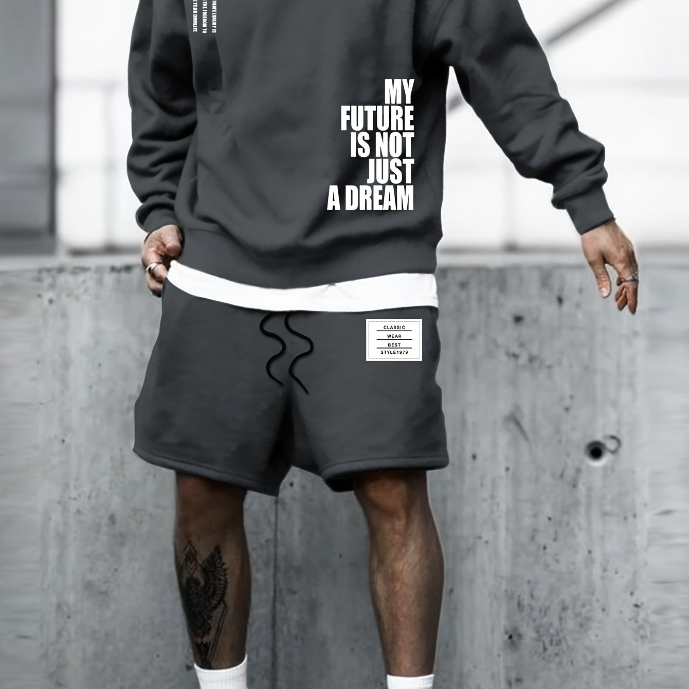 My Future Is Not Just A Dream Print Men's 2Pcs Outfits Casual Crew Neck Long Sleeve Sweatshirt & Short Set For Winter Fall Men's Clothing