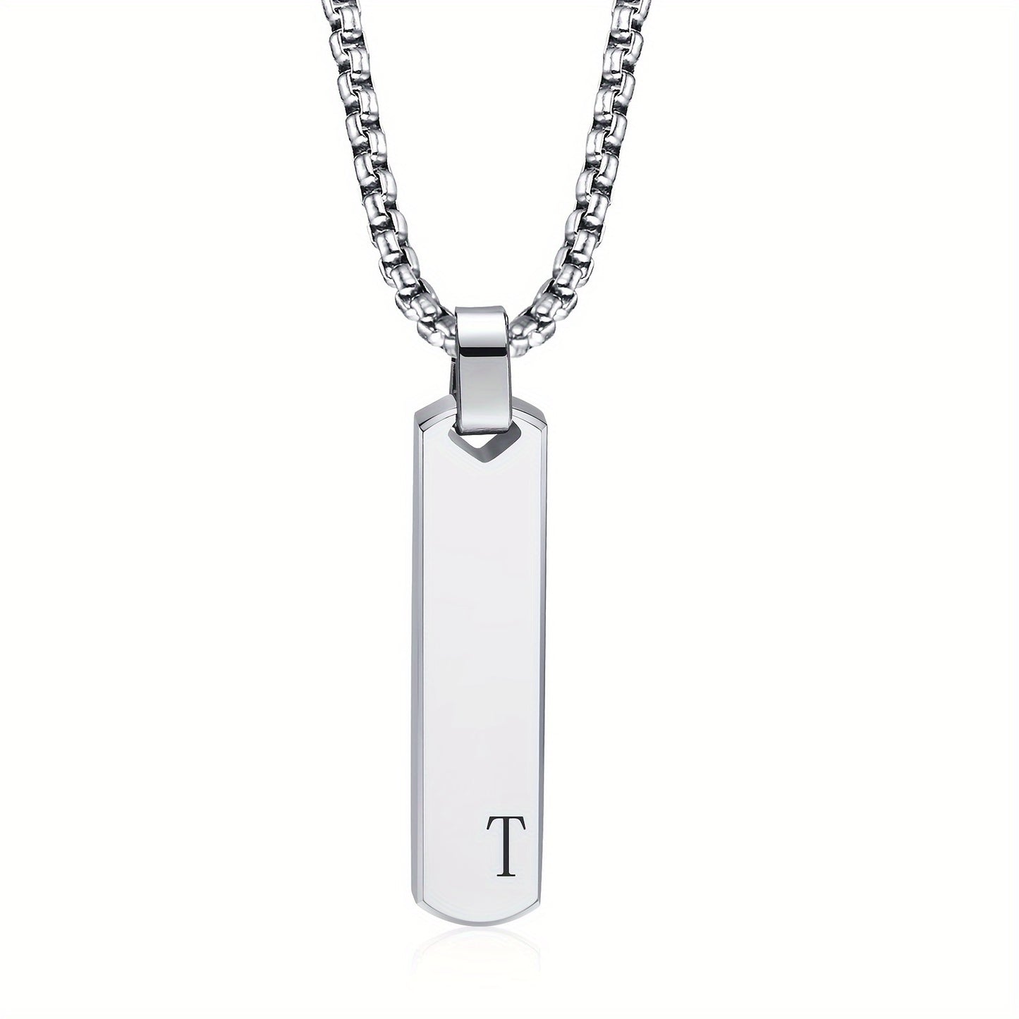 Letter Necklace Pendant Made of Stainless Steel, Featuring a Laser-Etched Design of 26 Letters, Polished for a Stylish 3D Rectangular Look, Suitable for Men.